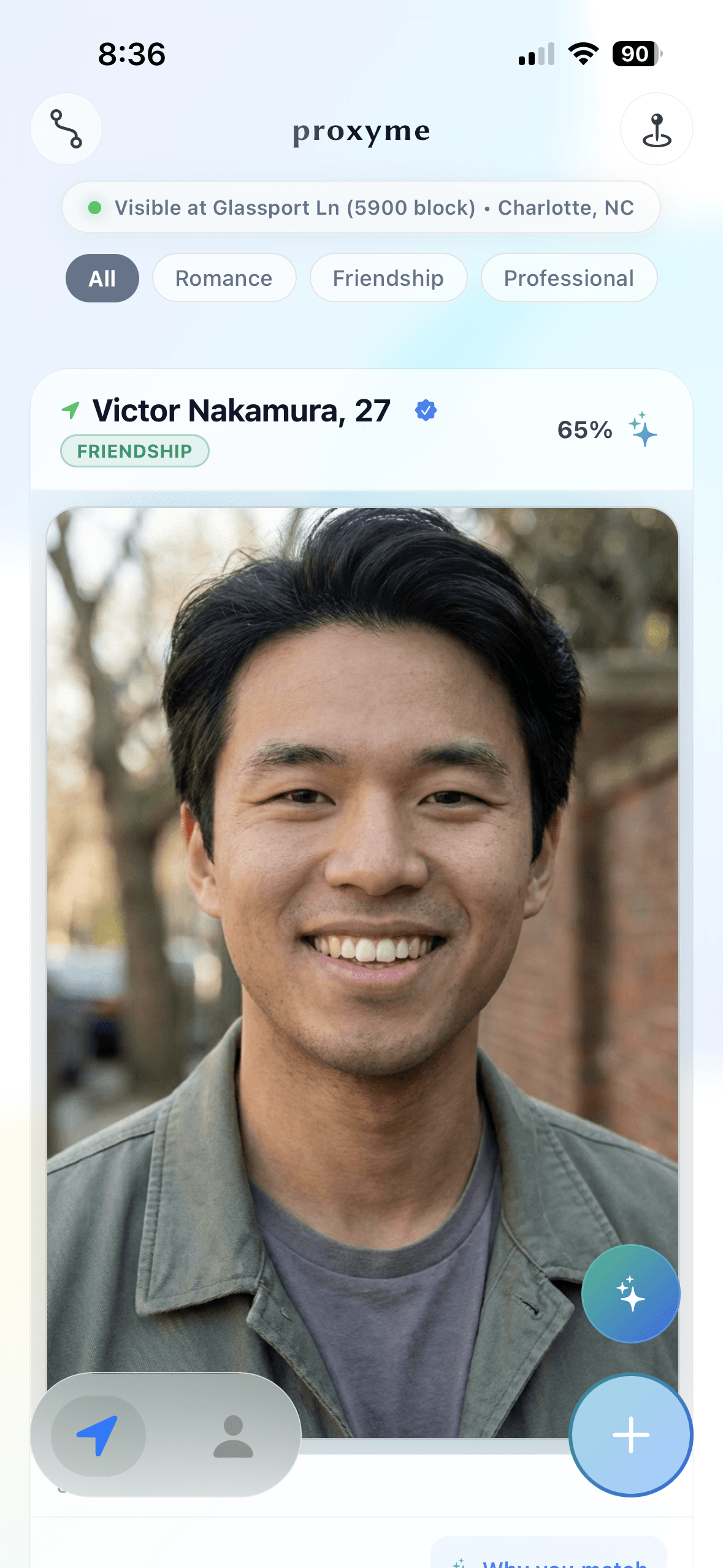 Proxy feed showing nearby profiles and discovery controls