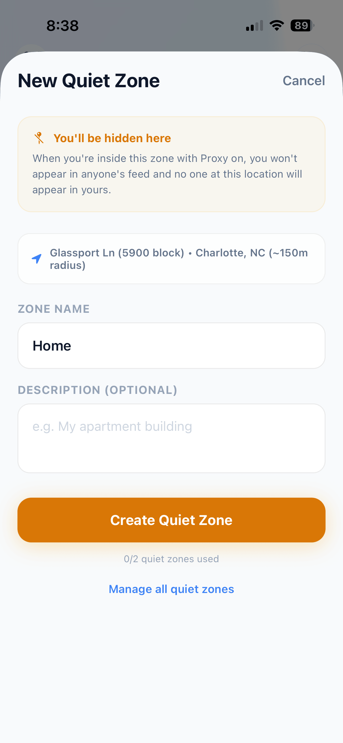 Quiet Zone setup interface